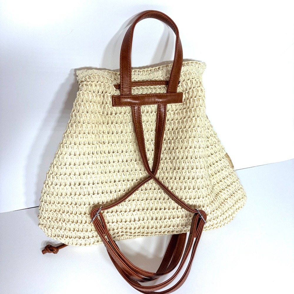 Roxy Woven Straw Backpack Cream Tan Striped Boho Beach Bag Drawstring RN114199 - Picture 11 of 16